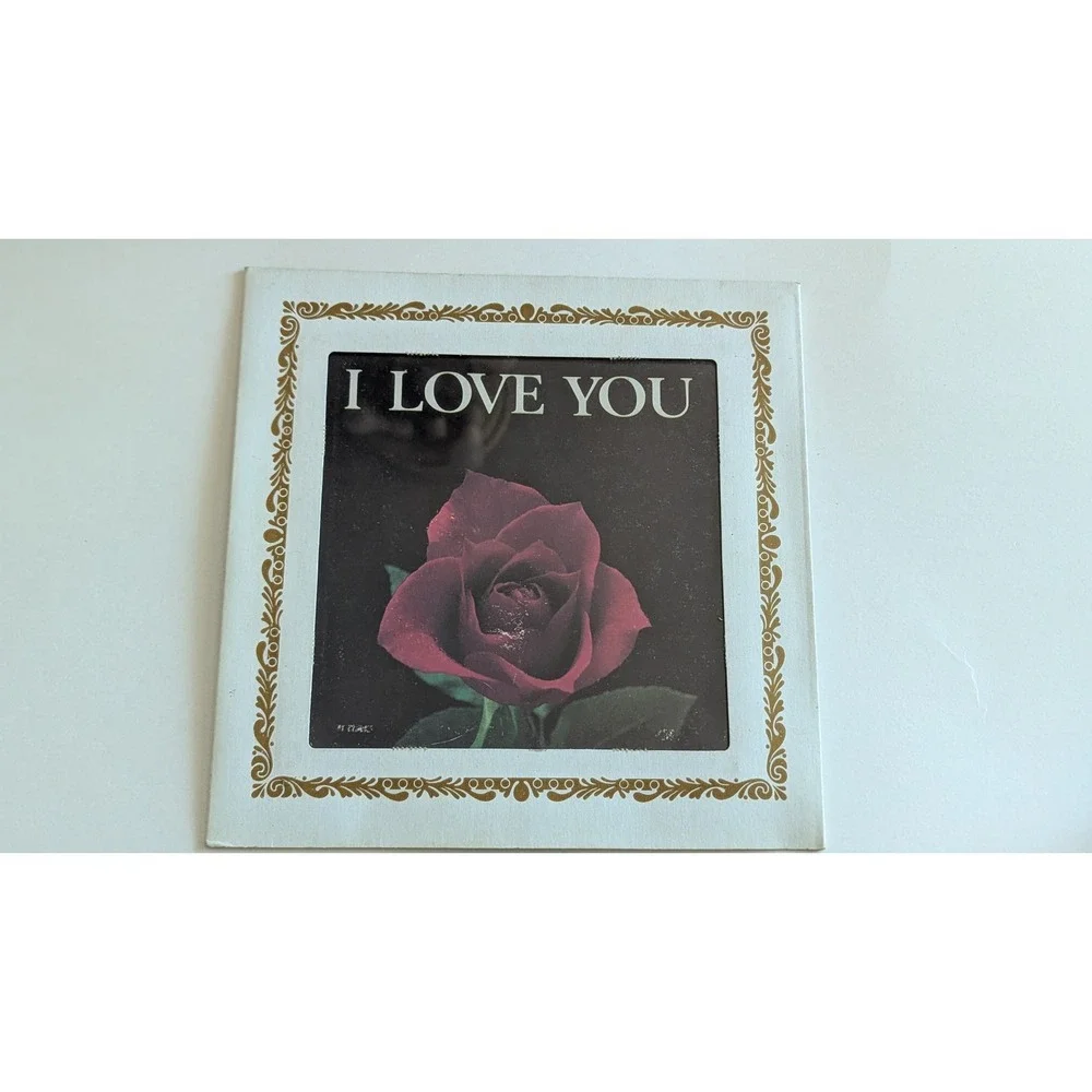 Vintage 80s I Love You Red Rose Wall Art Gold Filigree Border 8x8 Cardboard